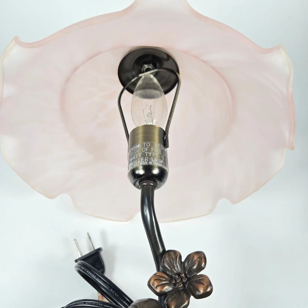 Vintage Juan Clara Bronze Statue Girl on Chair Table Lamp Pink Frost Glass Shade